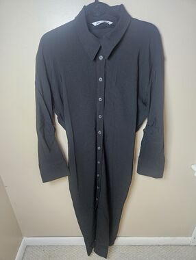 Zara Black Button Down Maxi Long Fitted Stretch Shirt Dress XLarge Long Sleeve